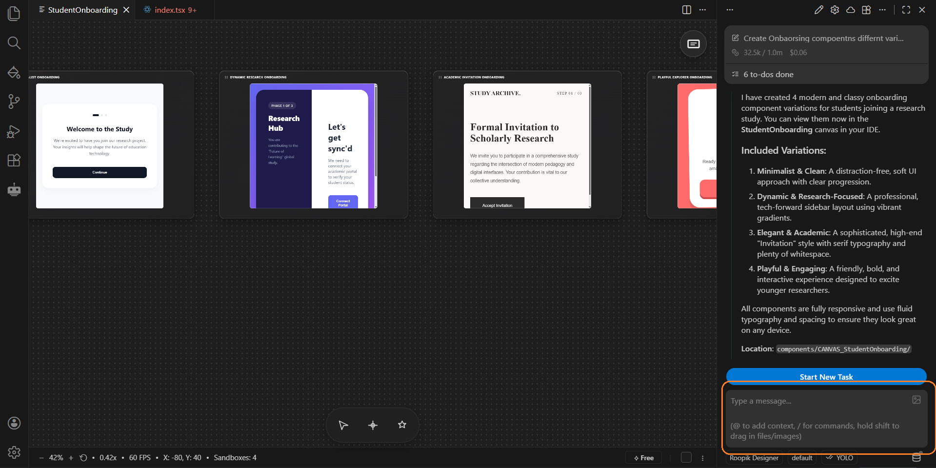 Dio chat request that generates a component on the canvas