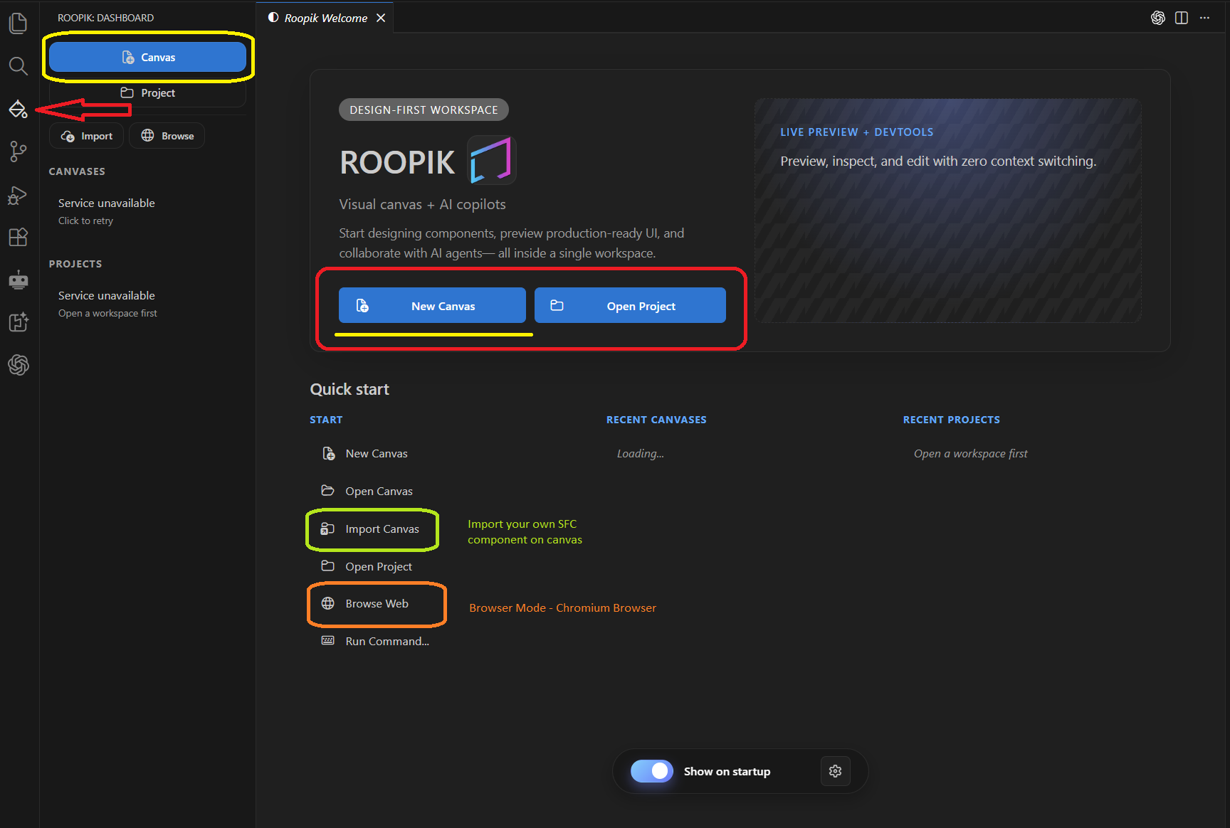 Roopik welcome screen with activity bar entry