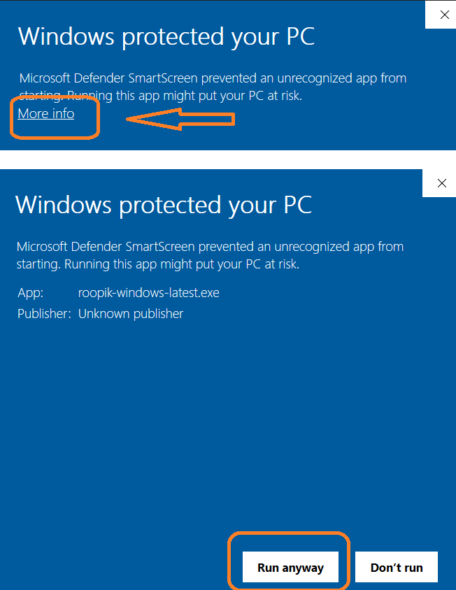 Windows SmartScreen prompt for Roopik installer